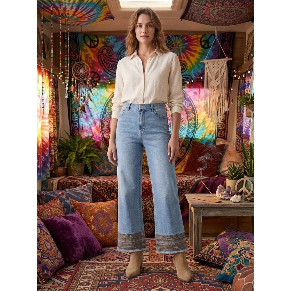 Tribal Jeans Women Audrey Mid-Rise Straight Crop Blue Denim Embroidered Hem 12